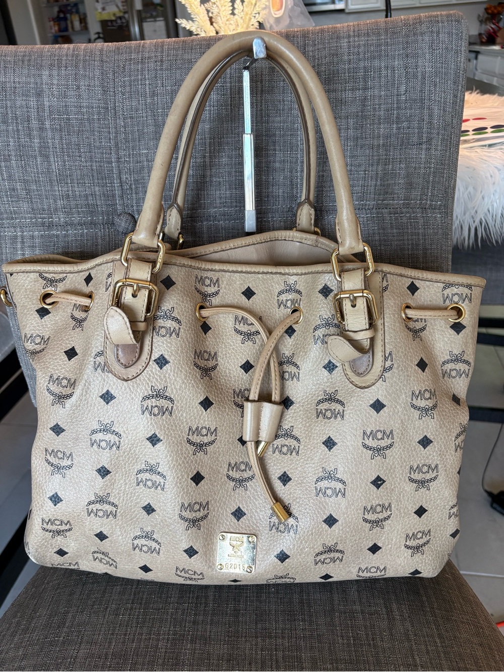 MCM Beige Logo Drawstring Leather Tote